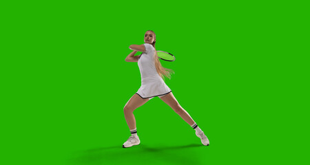 Woman tennis player playing tennis on green screen background.