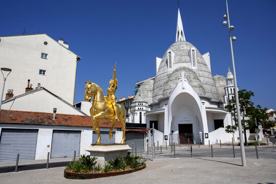 The church of Sainte Jeanne d'Arc  and it's statue in the centre of Nice on the French Riviera, France