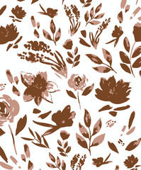 Botanical flowers, daisies, green leaves, blush pink background. Floral illustration. Vector seamless pattern. Botanical design. Nature garden elements. Summer plants