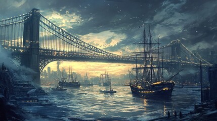Majestic Sunset Over the River With Historical Ships and Stunning Bridge Silhouette in Atmospheric, Misty Scene of Urban Landscape at Dusk
