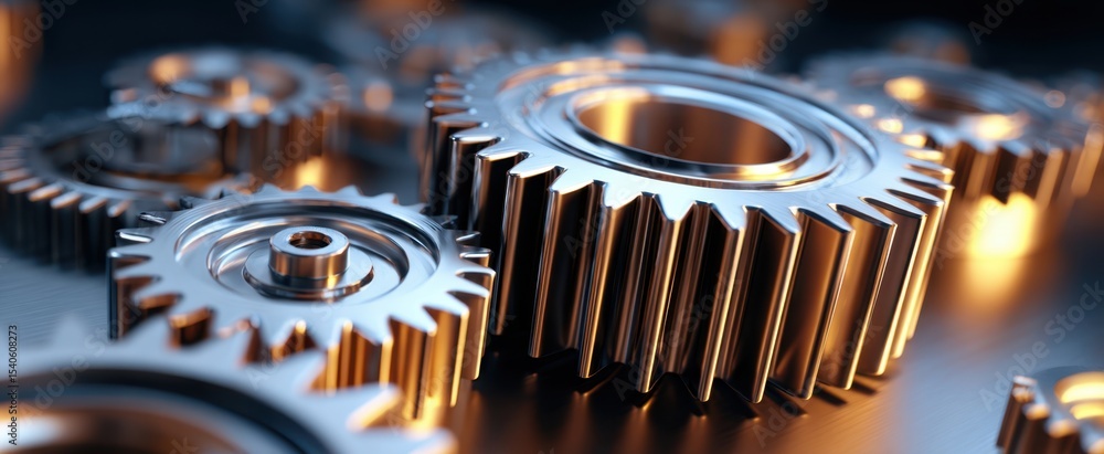 Poster the intricate arrangement of gleaming metallic gears in a modern engineering setting
