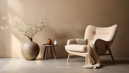 interior of modern living room with beige walls concrete floor comfortable armchair and vase with flowers