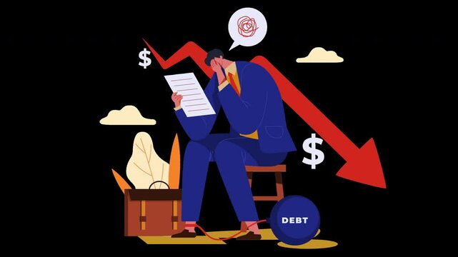 man sits worried about his debts, bankruptcy, economic crisis animation 4k on alpha channel