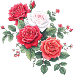 Naklejka premium Beautiful red and white rose flower bouquet. Elegant rose flowers with vibrant red and pink. Vintage style roses in pink, red, and white color palette. Floral design featuring red roses, white flowers