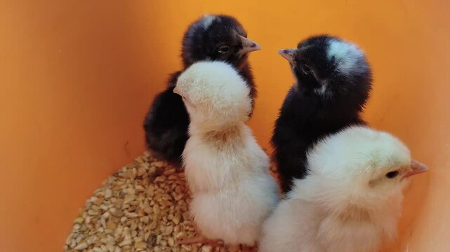 Chicks enclosed in a small enclosure on a bed of corn for feeding in a large poultry farm.
