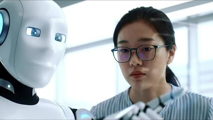 friendly white humanoid robot pointing at transparent digital screen - Powered by Adobe