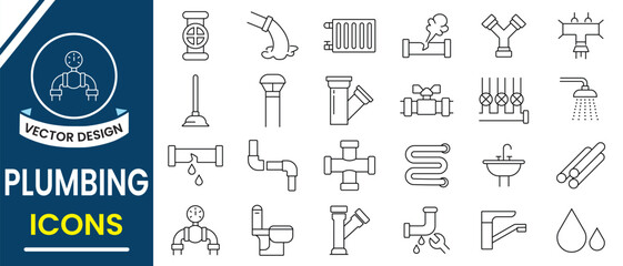 Plumbing line icon vector set. Symbol of plumbing icon, plumbing, plunger, dishwasher, leaking washing machine, water heater, sink, tool box and mores. 