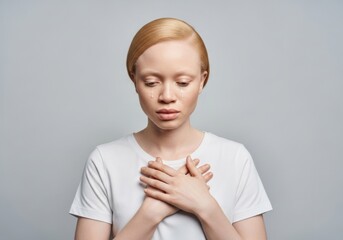 Young woman with albinism looks down with teary eyes, pressing her palms to her chest.