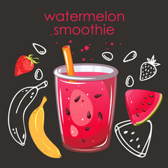 Watermelon smoothie. Summer, refreshing drink with watermelon, banana, strawberry. Vector illustration.