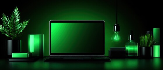 Modern workspace illuminated in vibrant green