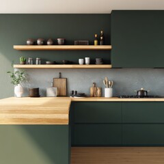 An aesthetic view of modern kitchen interior. The kitchen features a dark green cabinet with a wooden countertop, minimalist design with shelves holding utensils