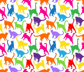 Multicolored bright silhouettes of cats on a white background. Seamless pattern, print, vector illustration