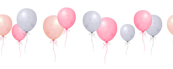 Seamless border with pink and blue air Balloons in watercolor style. Hand drawn illustration in pastel colors. Cute pattern for baby shower, birthday, party, wrapping paper, textile design.