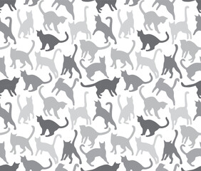 Gray silhouettes of cats on a white background. Seamless pattern, print, vector illustration