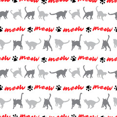 Black and gray silhouettes of cats on a white background with inscriptions and paw prints. Seamless pattern, print, vector illustration