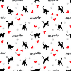 Black silhouettes of cats on a white background with red hearts and paw prints. Seamless pattern, print, vector illustration