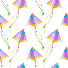 Seamless pattern with colorful kites.Vector watercolor illustration background for children's design.