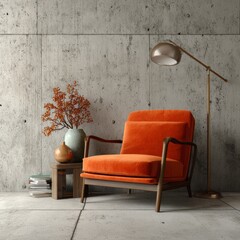 Stylish orange armchair and floor lamp. This interior design shows a comfortable, modern living room or office, featuring a vibrant orange armchair alongside a golden floor lamp.