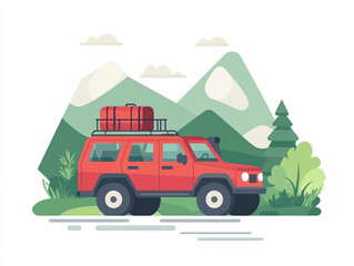 Naklejka premium A red off-road SUV with a roof rack and spare tire is depicted in a stylized illustration, set against a mountain landscape.