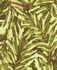Tropical sunset seamless pattern with silhouettes of palm trees. Red summer vacation print with background of the setting sun, jungle plant Hand-drawn textile design, wallpaper in collage style Vector