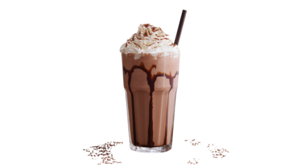 A refreshing chocolate frappe with whipped cream drizzled chocolate and a straw against black backdrop