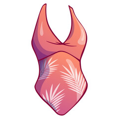 simple pink painted one piece swimsuit with summer palm tree print, vector illustration