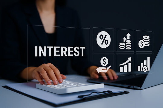 Visual explains interest as the cost of borrowing or reward for saving—user learns simple vs compound interest and how rates affect loans or investments.