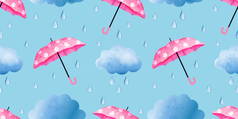 Seamless pattern with umbrellas, clouds and raindrops. Vector watercolor background for textile, packaging, paper design