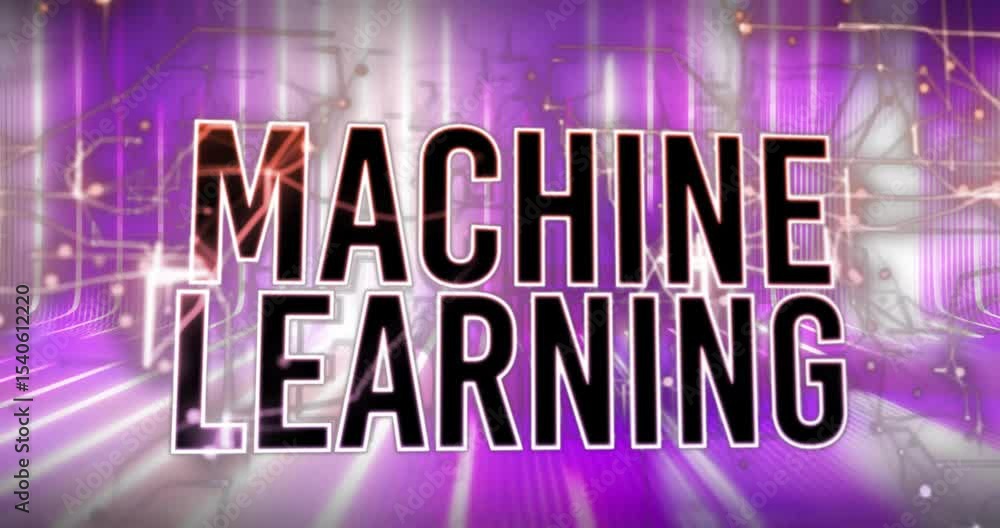 Poster on network powering up, neon bars emerging and machine learning title filling and highlighting tech