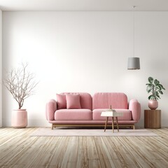 Pink velvet sofa in a minimalist living room. The sofa is centered, with a wooden coffee table, a plant, and a bare branch in a pot. The floor is hardwood