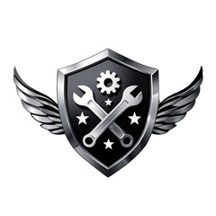 Vector illustration of a metallic winged shield with two crossed wrenches, gear icon and stars. Luxurious automotive emblem in chrome style on white background, no text, no gradients.