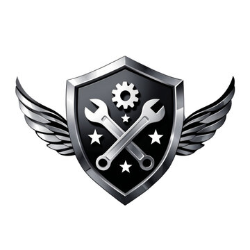 Vector illustration of a metallic winged shield with two crossed wrenches, gear icon and stars. Luxurious automotive emblem in chrome style on white background, no text, no gradients.