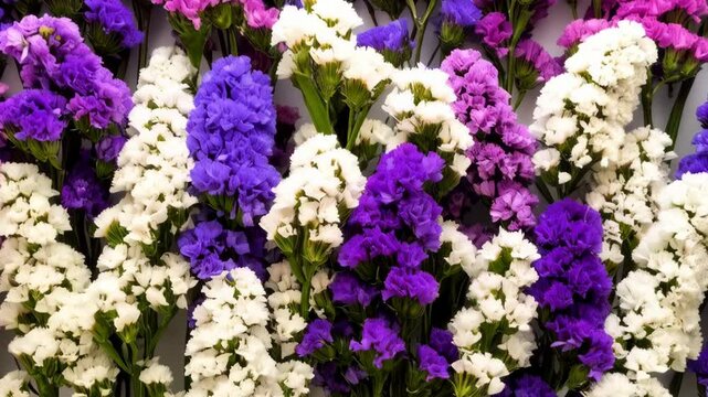 Close-up of purple, white and pink statice flowers in bloom, creating a full floral arrangement against a light background.