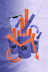 Creative trend artwork design 3D collage sketch of smartphone touchscreen arrow reduction graphics...