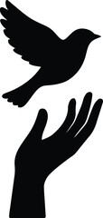 Silhouette bird flying above hand flat design vector illustration