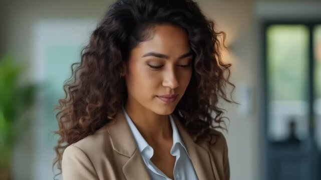 A realtor girl checks real estate information on a tablet.