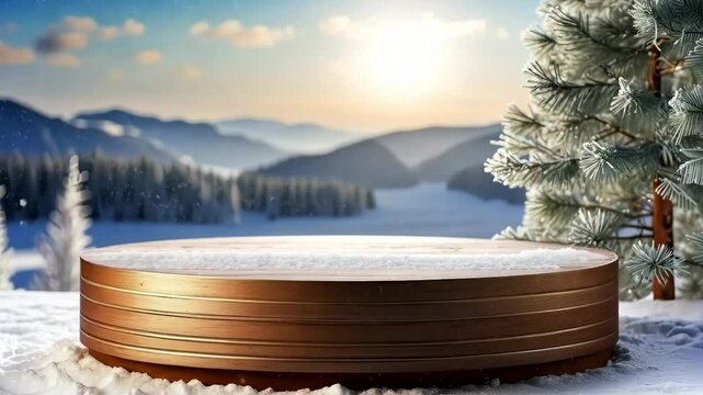 Round geometric empty podium for a product display on background in winter, outdoor activities with snow, frost and ice. Seasonal product, promotion, display on theme of nature and cold and warming up