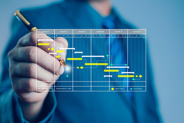managing milestones on a timeline Gantt chart in technology online. concept of project planner in...