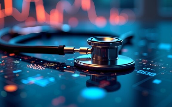 A stethoscope rests elegantly on a vibrant digital health data background, symbolizing the fusion of medicine and technology for patient care. High quality