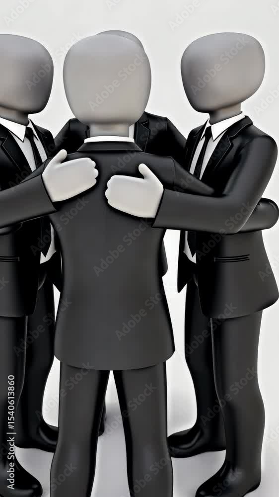 Poster a 3d icon of a team huddle with abstract figures in suits, dynamic posing, teamwork concept.