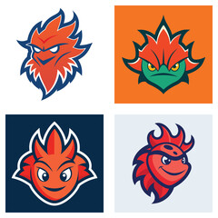 Naklejka premium Compilation of four cartoon mascot logos featuring stylized creatures with fiery or spiky features and expressions