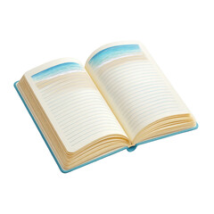 Open notebook with blank lined pages and a beach-themed header for creative writing and note-taking inspirations Transparent background or png