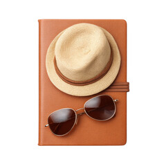 Stylish Travel Essentials Featuring Brown Leather Notebook, Straw Hat, and Sunglasses on White Background Transparent background or png