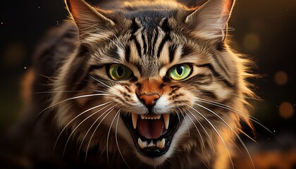 close up of an aggressive tabby cat with bared teeth showing its sharp fangs and intense green eyes the cat s fur is a mix of brown gray and black and its whiskers are prominent generative ai