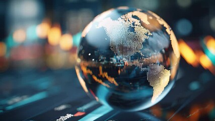 A glass sphere represents a digitalized world, with the world map depicted in glowing dots, symbolizing the connection between technology and the global environment. - Powered by Adobe