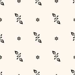 Simple minimalist floral pattern. Minimal seamless texture with small flower shapes. Abstract black and white geometric background. For print, package