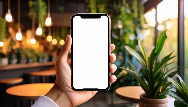 hand holding phone mockup with blank screen in lush cafe interior full of plants and warm lights great for eco friendly or lifestyle app mockups