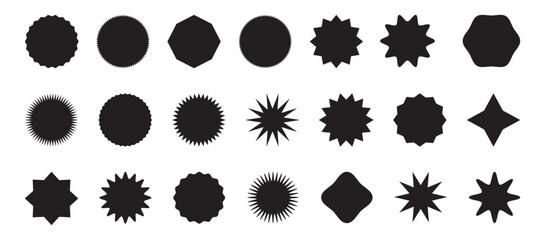 Set of red starburst, starburst labels. Black icons on white background. Starburst red sticker set - collection of special offer sale oval and round shaped sunburst labels and badges.