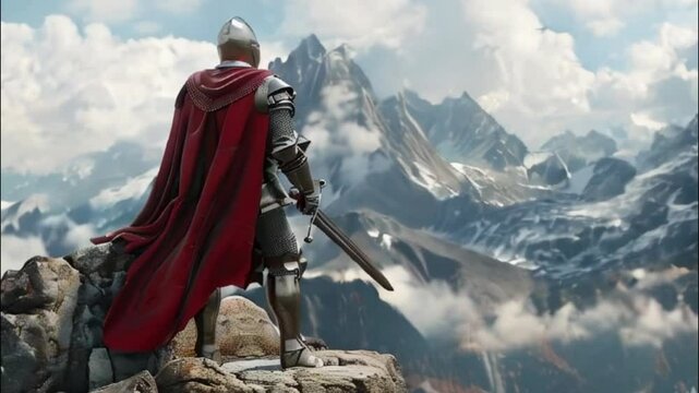 Fantastic beautiful royal knight in iron armor guards castle chambers, abstract vivid composition consists of fictional unreal fantastic vision on background