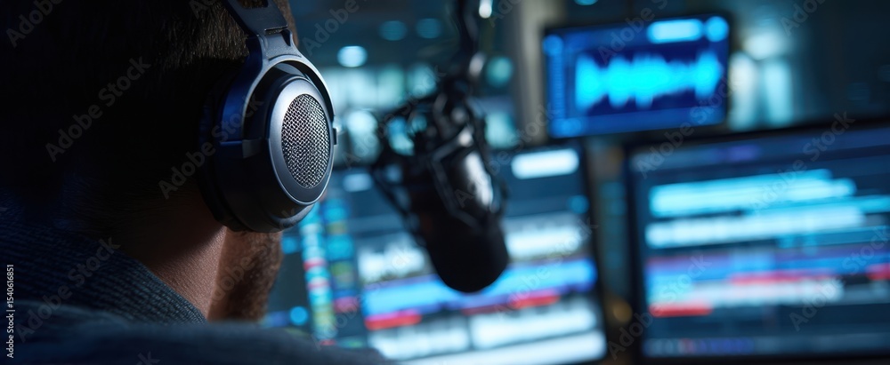 Poster the audio engineer working intensely at a modern broadcasting studio.